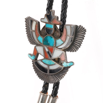 c1960-c-31 Zuni Knifewing bolo tie sterling silver turquoise/coral/shell inlay - Estate Fresh Austin