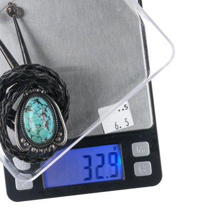 c1950 Navajo sterling silver bolo tie with nice large turquoise nugget - Estate Fresh Austin