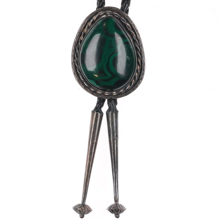 c1970 Navajo Malachite sterling silver rope edge bolo tie - Estate Fresh Austin