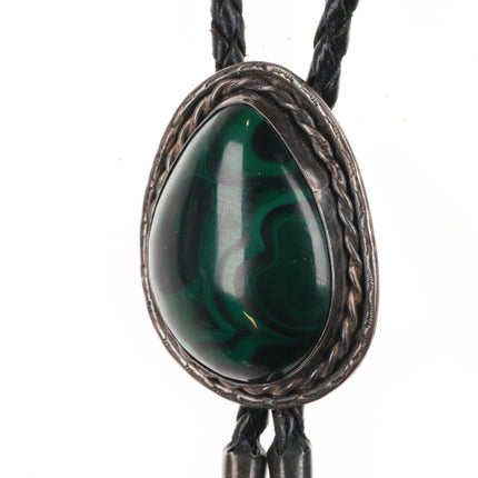 c1970 Navajo Malachite sterling silver rope edge bolo tie - Estate Fresh Austin