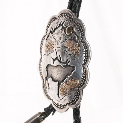 Phil Pvo Kiowa 14k gold/sterling silver bolo tie with elk - Estate Fresh Austin