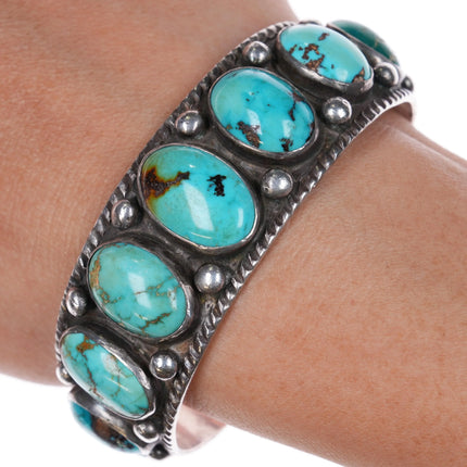 6.5" Large 30's-40's Navajo chiseled rim turquoise row cuff bracelet - Estate Fresh Austin