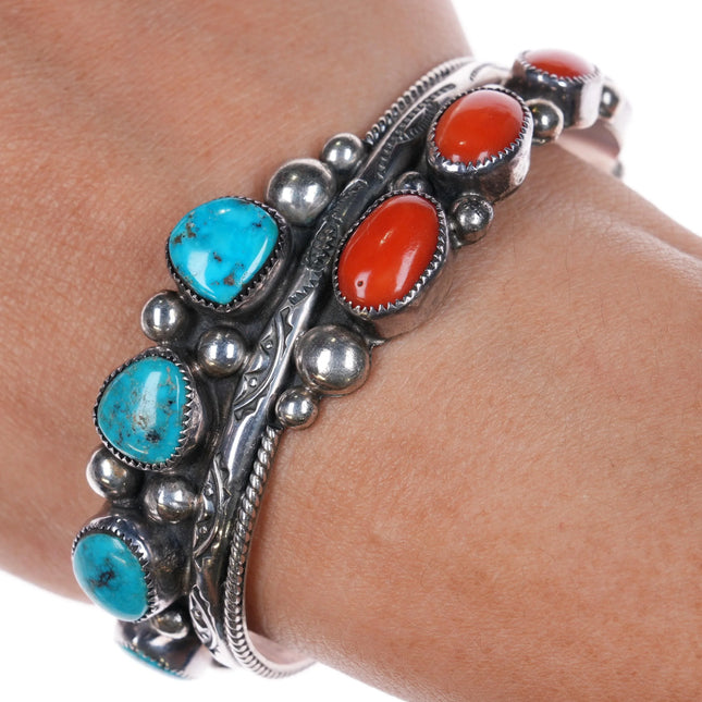 6.5" Vintage Navajo sterling silver turquoise/Mediterranean coral cuff bracelet - Estate Fresh Austin