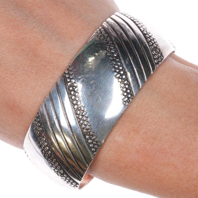 6.5" IHMJ Navajo sterling silver wide band cuff bracelet stamped design - Estate Fresh Austin