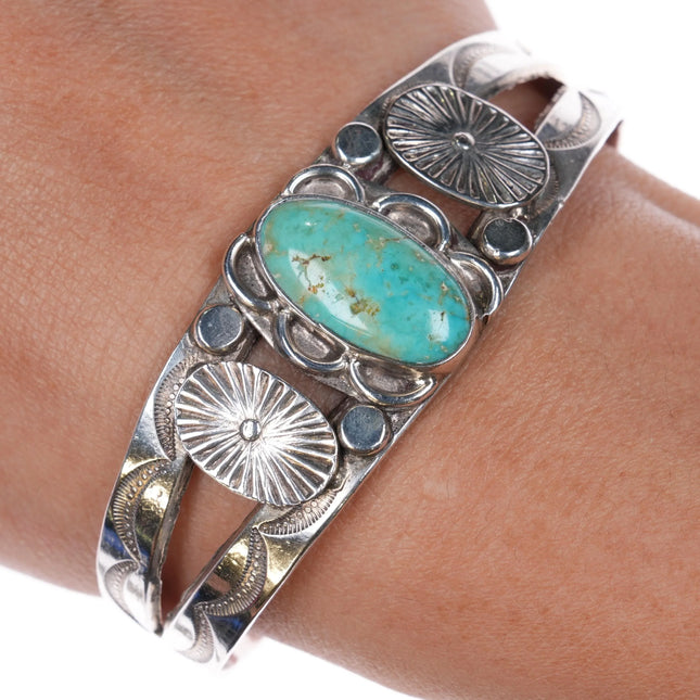 6.4" 1930's Navajo ingot silver nicely stamped turquoise cuff bracelet sterling - Estate Fresh Austin