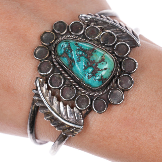 6.5" Vintage Navajo sterling silver turquoise feather edges cuff bracelet - Estate Fresh Austin