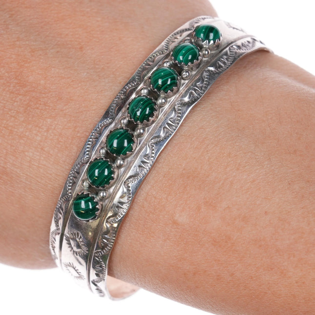 6.25" E Yazzie Navajo sterling silver malachite snake eye row cuff bracelet - Estate Fresh Austin
