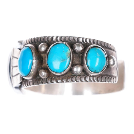 6.5" c1960 Navajo hand stamped sterling silver turquoise row watch cuff bracelet - Estate Fresh Austin