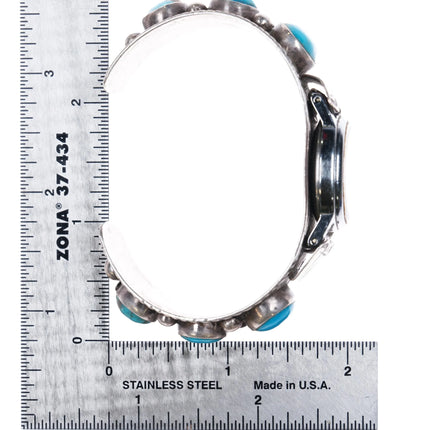 6.5" c1960 Navajo hand stamped sterling silver turquoise row watch cuff bracelet - Estate Fresh Austin