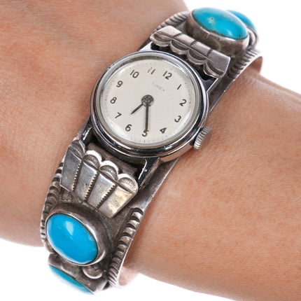 6.5" c1960 Navajo hand stamped sterling silver turquoise row watch cuff bracelet - Estate Fresh Austin