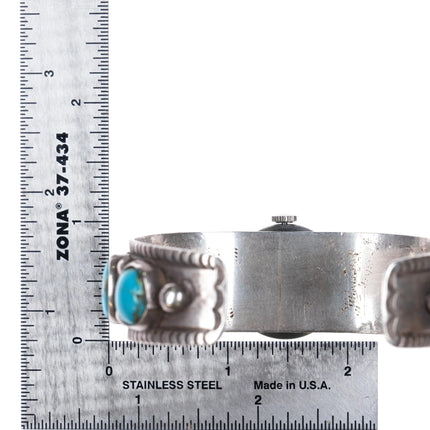 6.5" c1960 Navajo hand stamped sterling silver turquoise row watch cuff bracelet - Estate Fresh Austin