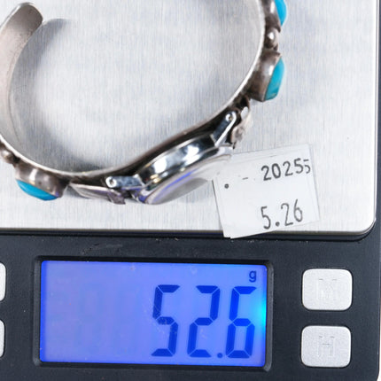 6.5" c1960 Navajo hand stamped sterling silver turquoise row watch cuff bracelet - Estate Fresh Austin