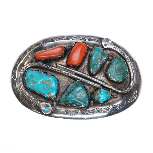 Vintage Effie Calavaza Zuni Sterling silver, turquoise, coral Snakes belt buckle - Estate Fresh Austin