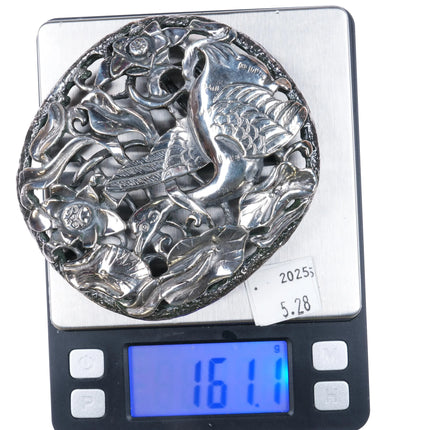 1994 Dietgart Sterling silver Heavy Chinoiserie Asian themed belt buckle cranes - Estate Fresh Austin