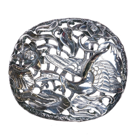 1994 Dietgart Sterling silver Heavy Chinoiserie Asian themed belt buckle cranes - Estate Fresh Austin