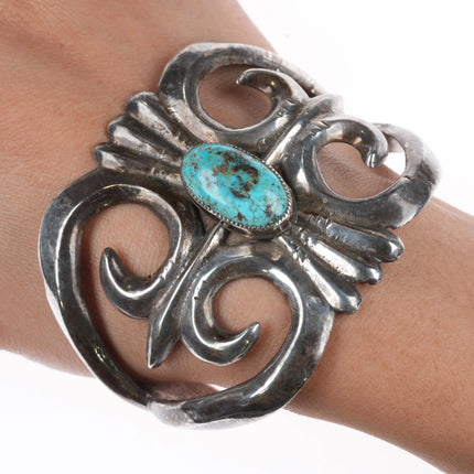 7" c1940's Vintage Navajo cast sterling silver cuff bracelet Morenci turquoise - Estate Fresh Austin