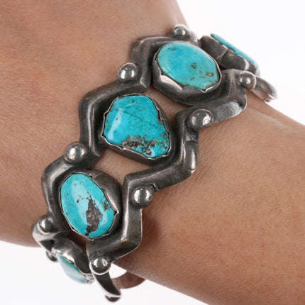6.1" 40's-50's Vintage Zuni cast sterling silver turquoise row cuff bracelet - Estate Fresh Austin