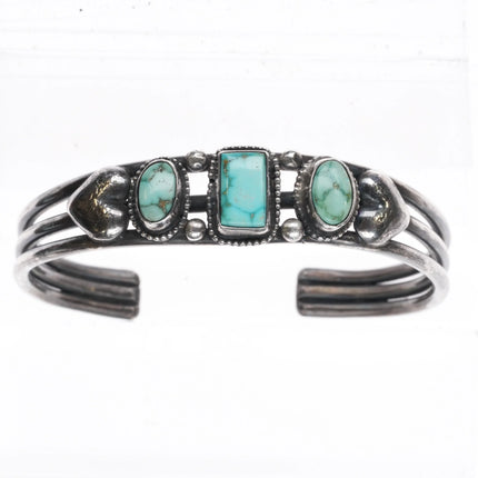 6.5" Vintage Navajo sterling silver 3 stone hearts cuff bracelet /nice turquoise - Estate Fresh Austin