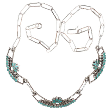 17" Vintage Dishta Zuni sterling silver flush inlay turquoise bib necklace - Estate Fresh Austin