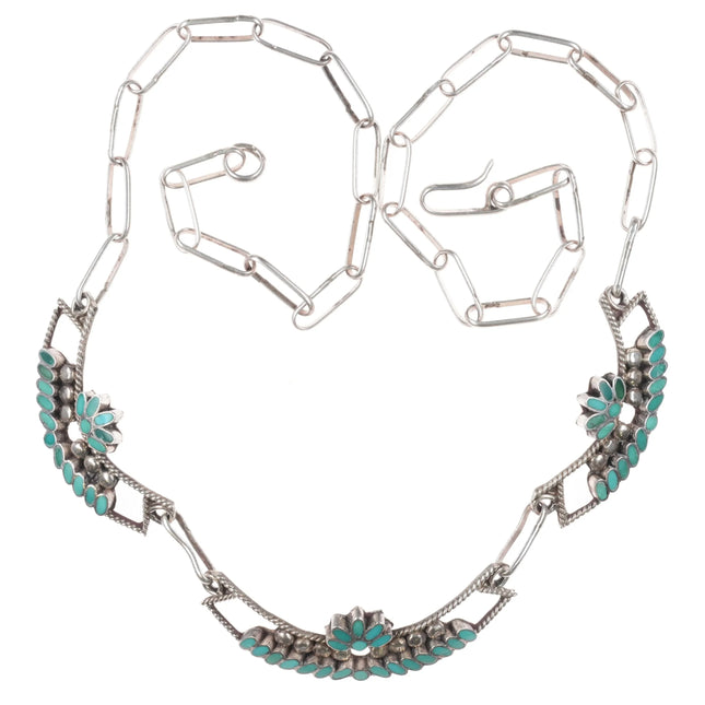 17" Vintage Dishta Zuni sterling silver flush inlay turquoise bib necklace - Estate Fresh Austin