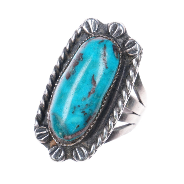 sz7 Vintage Zuni Sterling silver turquoise ring rope edge stamped accents - Estate Fresh Austin