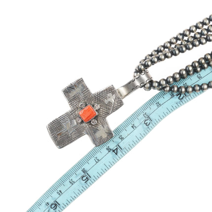 26" LB Southwestern sterling silver spiny oyster cross pendant/beaded necklace - Estate Fresh Austin
