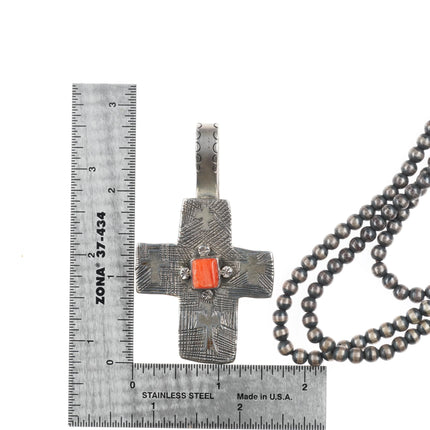 26" LB Southwestern sterling silver spiny oyster cross pendant/beaded necklace - Estate Fresh Austin