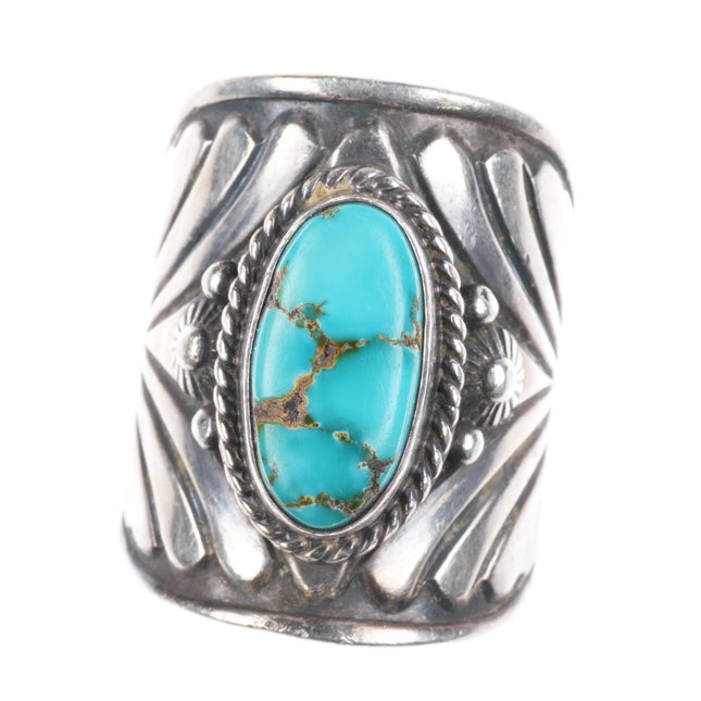sz7 Derrick Gordon Navajo wide band sterling silver ring with turquoise - Estate Fresh Austin