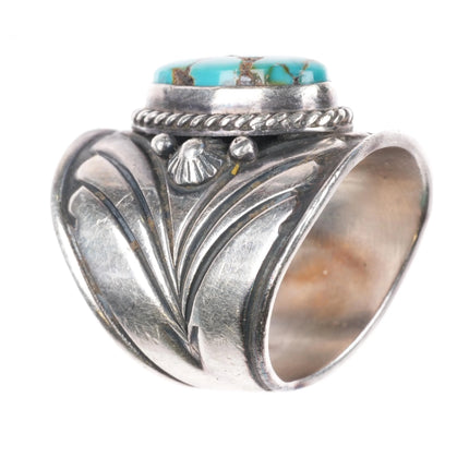 sz7 Derrick Gordon Navajo wide band sterling silver ring with turquoise - Estate Fresh Austin