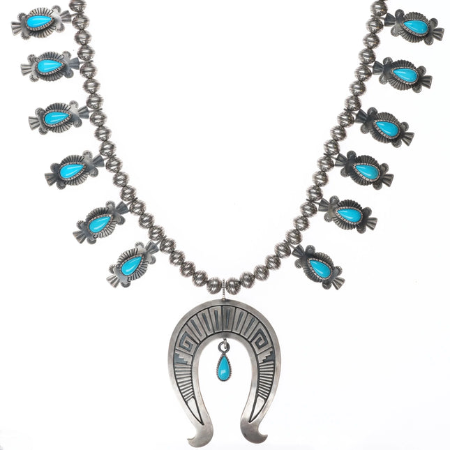 26" Ernest T Bilagody Navajo sterling silver turquoise squash blossom necklace - Estate Fresh Austin