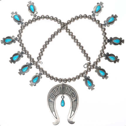 26" Ernest T Bilagody Navajo sterling silver turquoise squash blossom necklace - Estate Fresh Austin