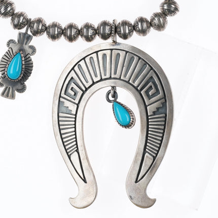 26" Ernest T Bilagody Navajo sterling silver turquoise squash blossom necklace - Estate Fresh Austin