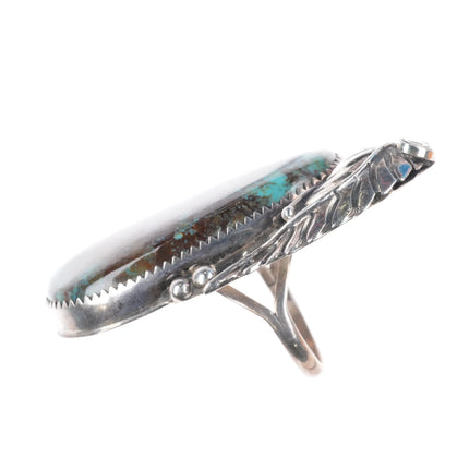 sz7.5 Large 1970's Navajo sterling silver long turquoise ring brown matrix - Estate Fresh Austin