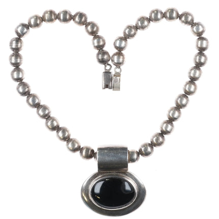 Retro Mexican sterling silver beaded necklace w/ modernist onyx pendant - Estate Fresh Austin