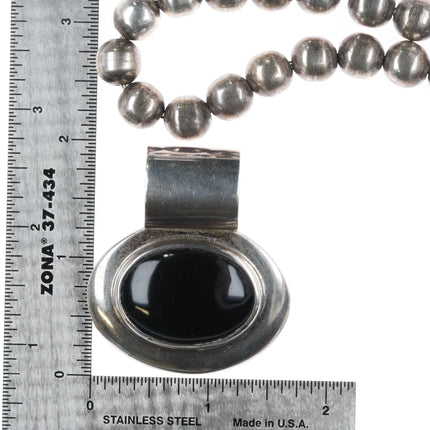 Retro Mexican sterling silver beaded necklace w/ modernist onyx pendant - Estate Fresh Austin