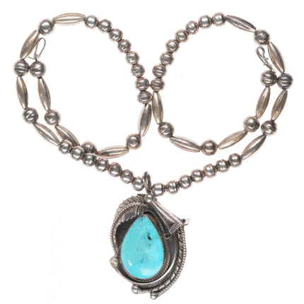 1970's Vintage Navajo sterling silver and turquoise pendant beaded necklace - Estate Fresh Austin