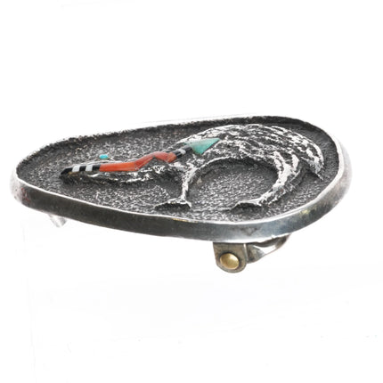 Preston Monongye Hopi Sterling silver turquoise coral bear tufa cast belt buckle - Estate Fresh Austin