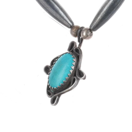 1970's Navajo sterling silver tube bead necklace with turquoise pendant - Estate Fresh Austin
