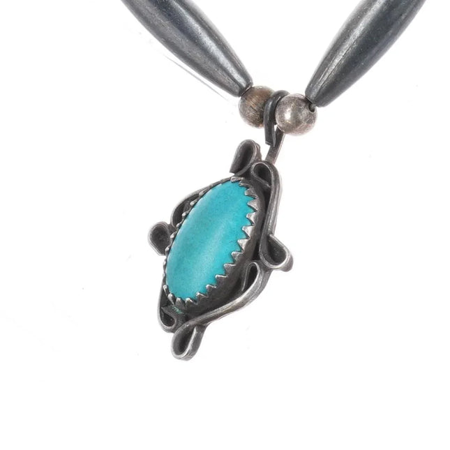 1970's Navajo sterling silver tube bead necklace with turquoise pendant - Estate Fresh Austin