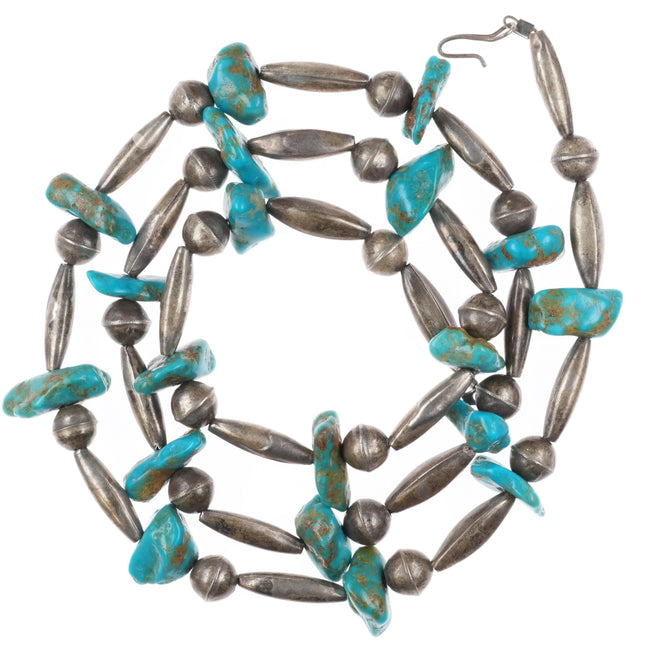 1970's Navajo sterling silver tube bead necklace with turquoise stones - Estate Fresh Austin