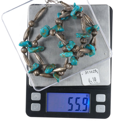 1970's Navajo sterling silver tube bead necklace with turquoise stones - Estate Fresh Austin