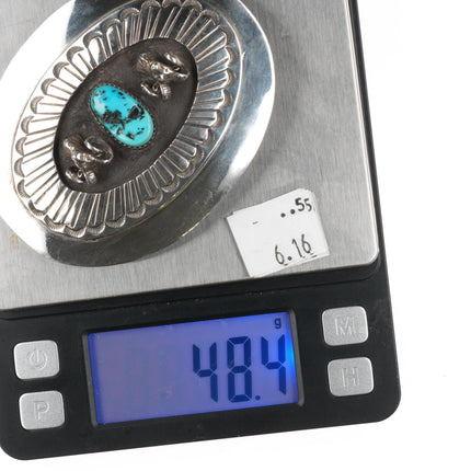 Clarence Bailon Santo Domingo sterling silver rams belt buckle with turquoise - Estate Fresh Austin