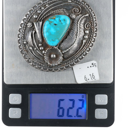 Vintage Navajo 1970's Sterling silver and turquoise belt buckle w/feather design - Estate Fresh Austin