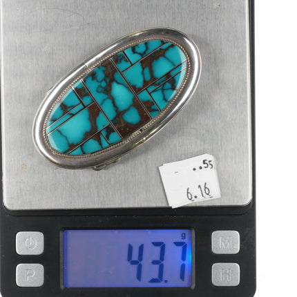 CEJ Southwestern sterling silver channel inlay belt buckle with nice turquoise - Estate Fresh Austin