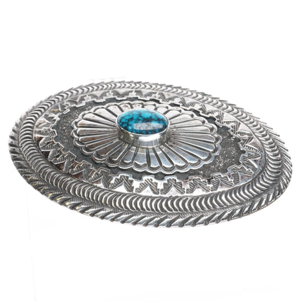 Pete Morgan Navajo heavy stamped sterling silver belt buckle spiderweb turquoise - Estate Fresh Austin