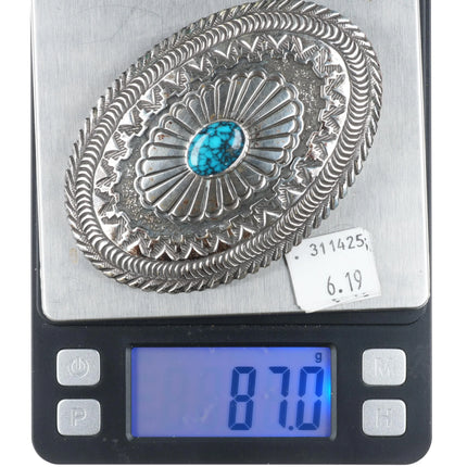 Pete Morgan Navajo heavy stamped sterling silver belt buckle spiderweb turquoise - Estate Fresh Austin