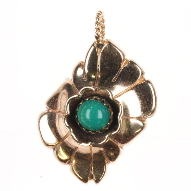 NSS Southwestern 14k Gold pendant with green turquoise hand chiseled/ rope bail - Estate Fresh Austin