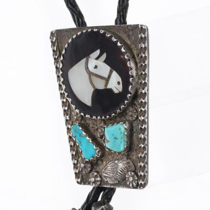 c1970 Isabelle Simplicio Zuni sterling silver, turquoise, horse inlay bolo tie - Estate Fresh Austin