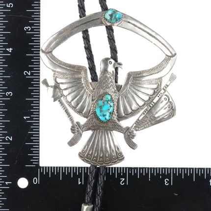 c1970 Large Navajo sterling silver Patriotic Eagle bolo tie with turquoise - Estate Fresh Austin