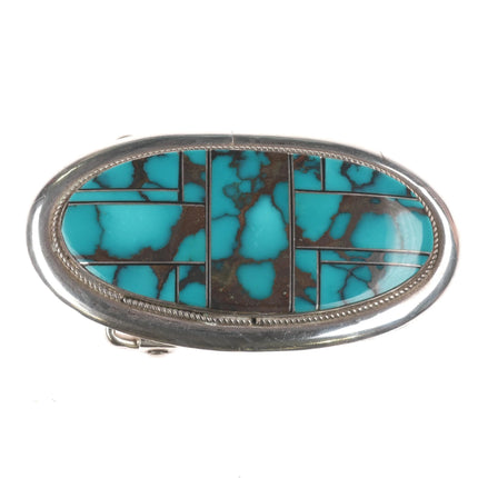 CEJ Southwestern sterling silver channel inlay belt buckle with nice turquoise - Estate Fresh Austin